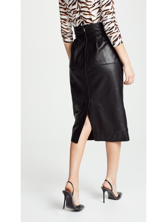 Womens High Waisted Pure Black Leather Midi Length Skirt