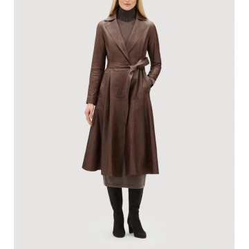 Womens Luxurious Lambskin Brown Leather Long Trench Coat