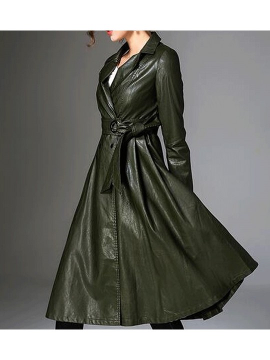 Womens Notched Collar Long Sleeve Dark Green Leather Trench Coat
