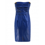 Womens Off Shoulder Blue Real Leather Party Midi Dress