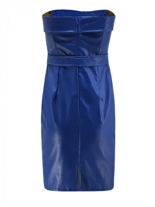 Womens Off Shoulder Blue Real Leather Party Midi Dress