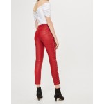 Womens Premium Luxurious Side Lace Up Red Leather Pants