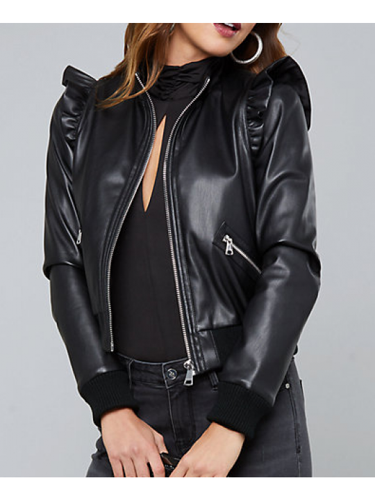 Womens Shoulder Ruffled Black Leather Bomber Jacket