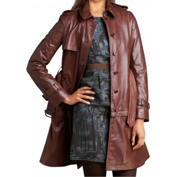 Womens Shoulder Straps Long Brown Leather Trench Coat