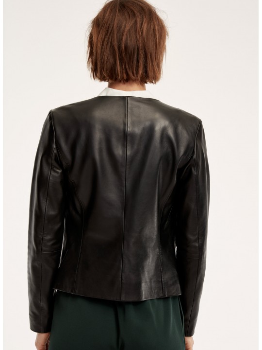 Womens Simple Front Zippered Black Leather Jacket