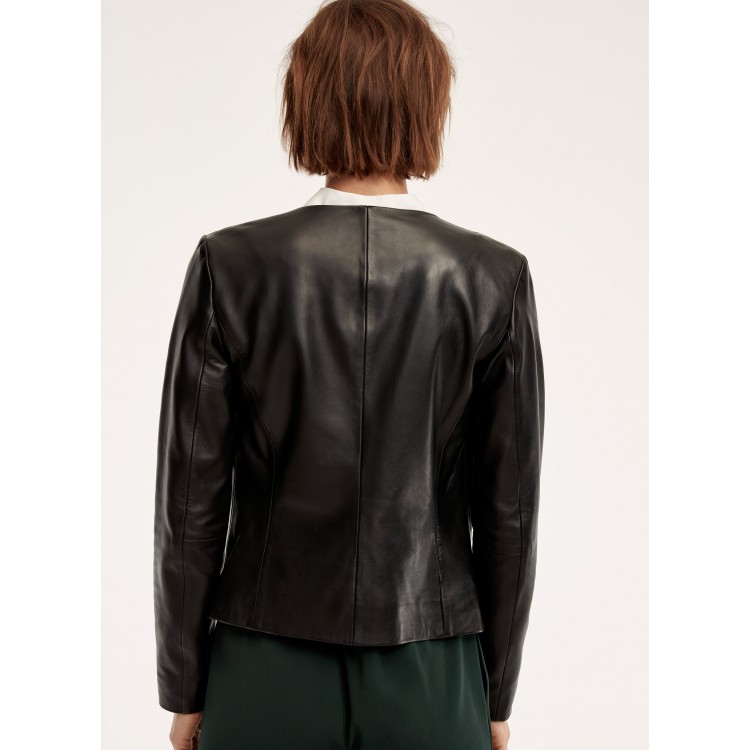 DashX Slim Fit Genuine Womens Long Sleeve Full Zipper Leather Jacket Black
