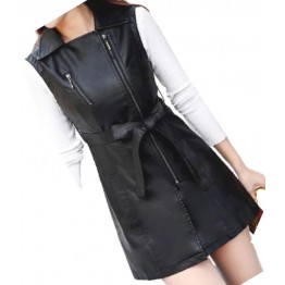 Womens Sleeveless Real Lambskin Black Long Leather Trench Coat