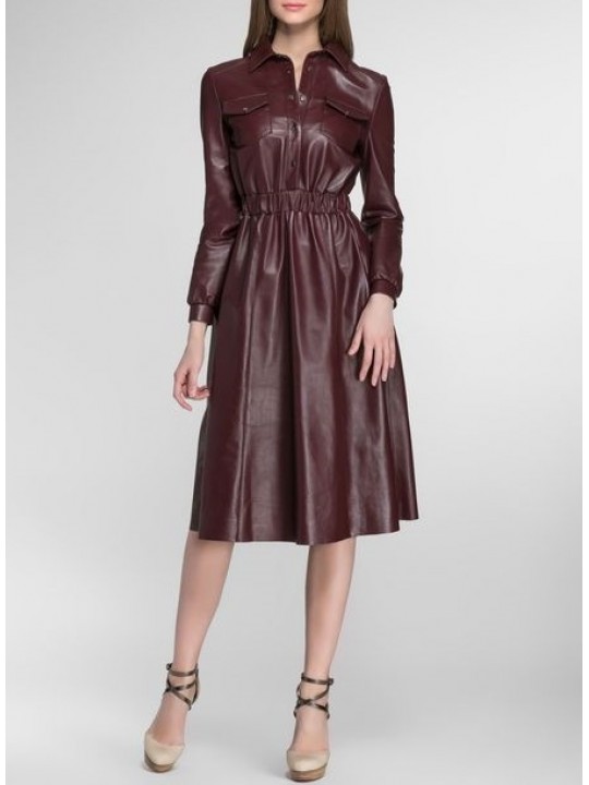 Womens Slim Fit Pure Burgundy Leather Midi Dress