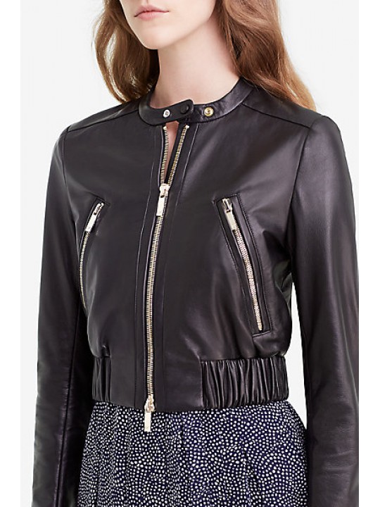 Womens Spring Fashion Soft Black Leather Short Bomber Jacket