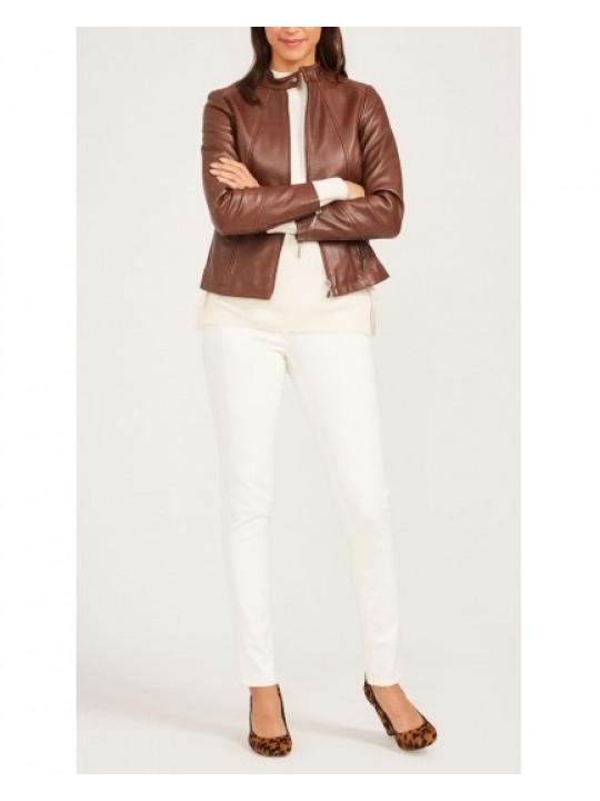 Womens Stand Collar Long Sleeves Brown Leather Jacket