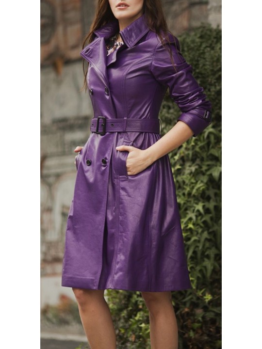 Womens Street Style Real Purple Leather Trench Coat