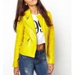 Womens Stylish Elegant Design Real Yellow Biker Leather Jacket