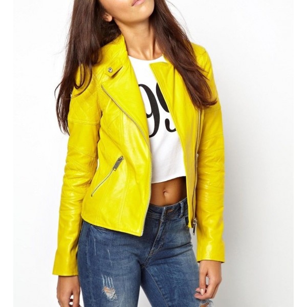 Womens Stylish Elegant Design Real Yellow Biker Leather Jacket