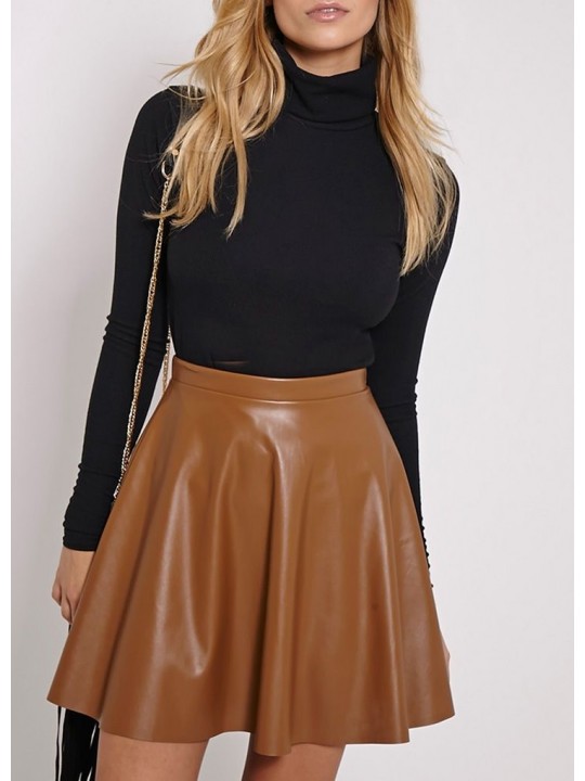 Womens Ultra Feminine Soft Brown Leather Skater Skirt