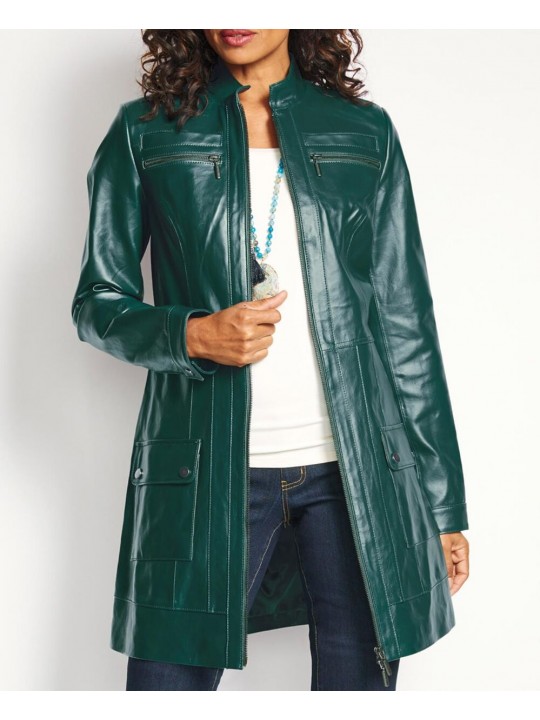 Womens Zip Front Genuine Green Leather Coat