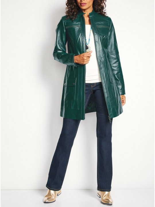 Womens Zip Front Genuine Green Leather Coat