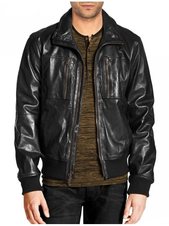 Black Bomber Leather Jacket with Zip Chest Pockets