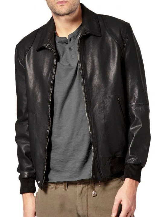 Branded Men Black Bomber Jacket with Ribbed Trim