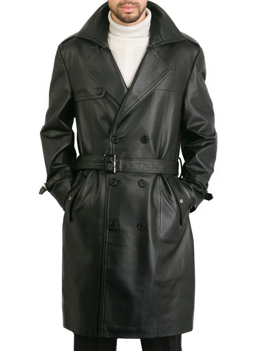 Classic Mens Genuine Leather Trench Coat