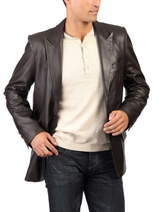 Classic Style Mens Black Casual Leather Blazer Coat