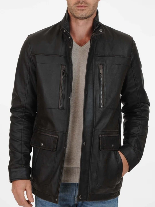 Elegant Black Mens Leather Top Coat