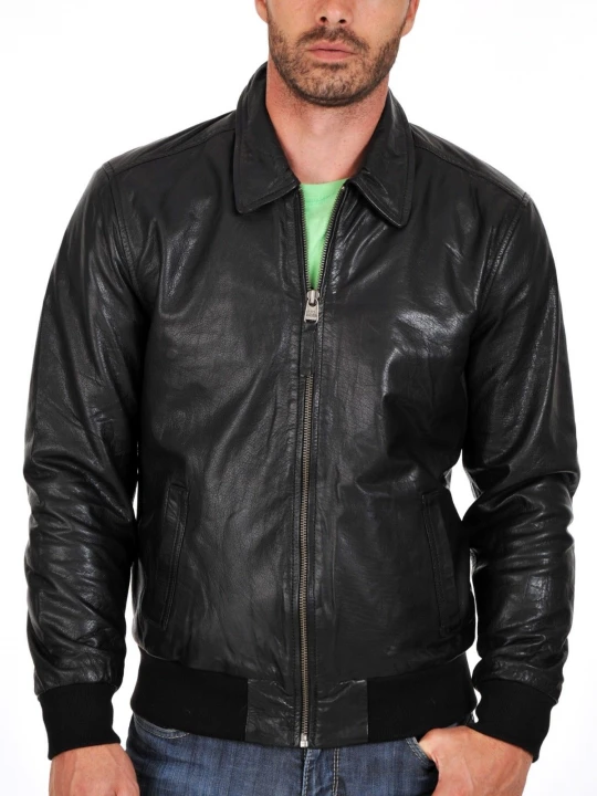 Lightweight Zipped Black Leather Bomber for Men