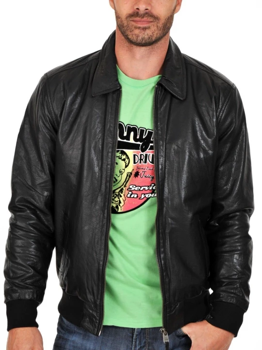 Lightweight Zipped Black Leather Bomber for Men