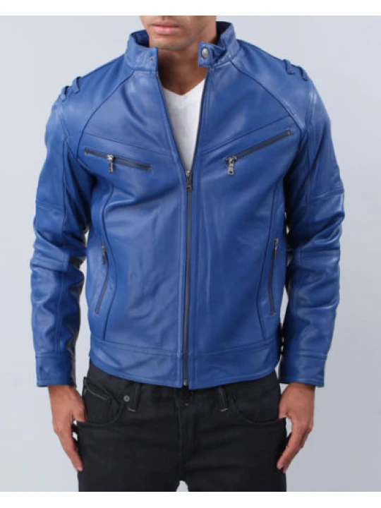 Mens Designer Soft Lambskin Blue Leather Jacket