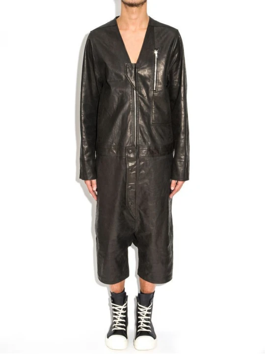 Mens Genuine Lambskin Black Leather Jumpsuit