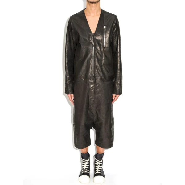Mens Genuine Lambskin Black Leather Jumpsuit