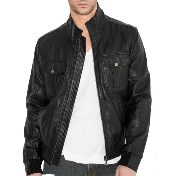 Simple Fitted Bomber Style Black Leather Jacket for Men
