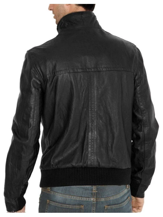 Simple Fitted Bomber Style Black Leather Jacket for Men