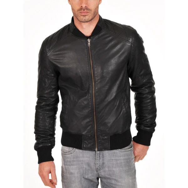 Soft Sheepskin Genuine Quilted Bomber Jacket for Mens