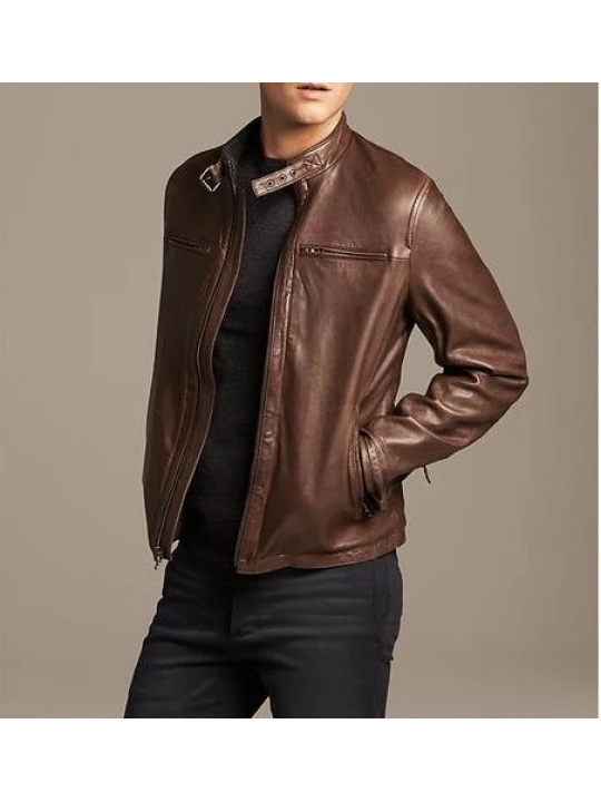 Stylish Mens Brown Leather Moto Jacket