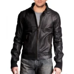 Stylish Mens Leather Bomber with Stand Collar