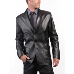Three Button Blazer Style Black Leather Coat for Men