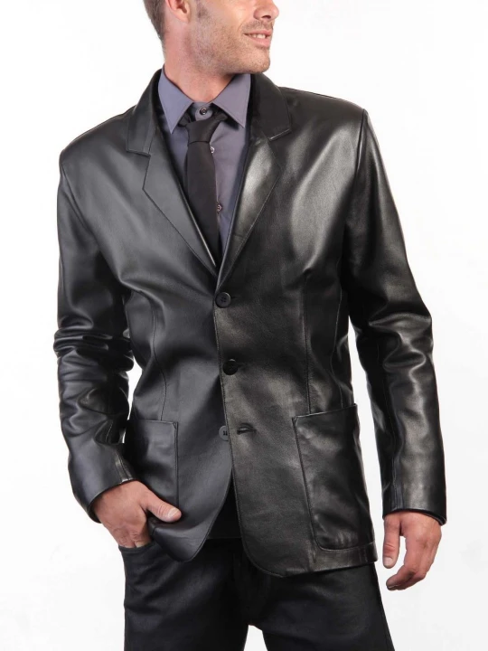 Three Button Blazer Style Black Leather Coat for Men
