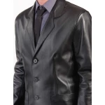 Three Button Blazer Style Black Leather Coat for Men