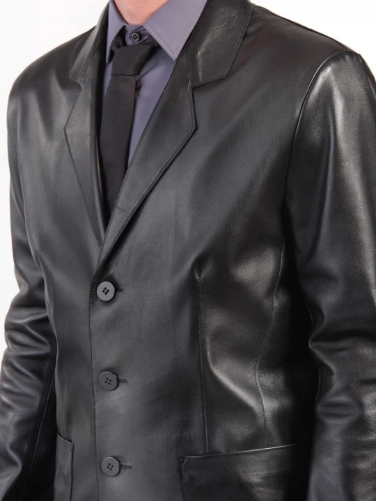 Three Button Blazer Style Black Leather Coat for Men