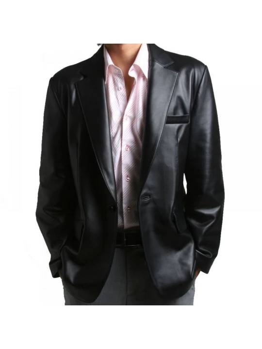 One Button Closure Soft Lambskin Black Leather Blazer Coat for Men