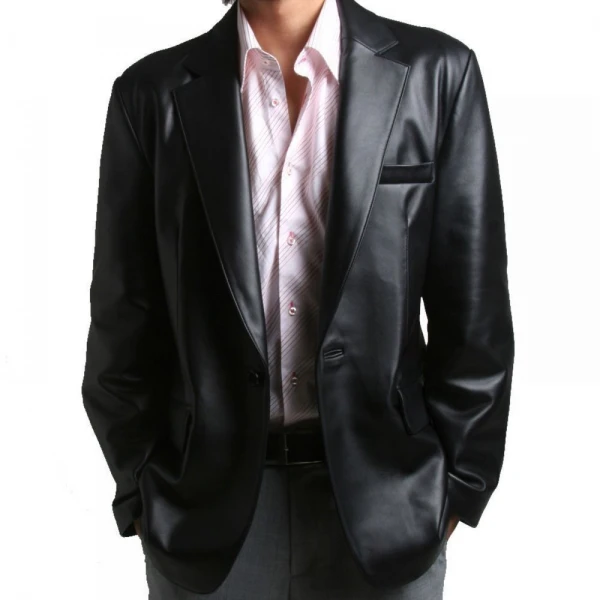 One Button Closure Soft Lambskin Black Leather Blazer Coat for Men