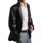 One Button Closure Soft Lambskin Black Leather Blazer Coat for Men