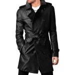 Vintage Style Long Black Leather Coat Mens