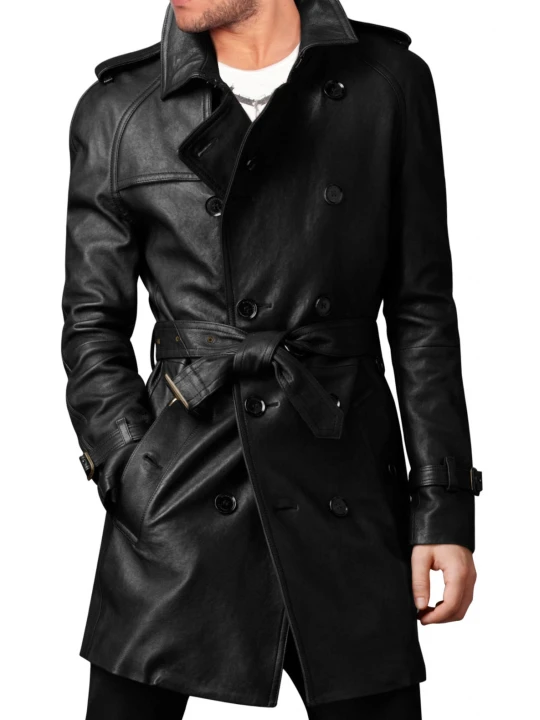 Vintage Style Long Black Leather Coat Mens