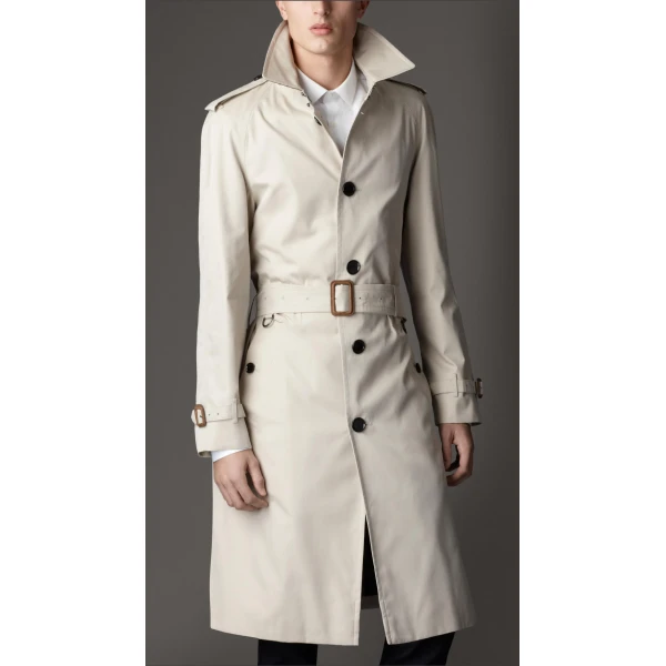 Cream white Leather Long Trench Coat for Men