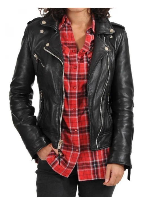 Classic Ladies Black Leather Motorcycle Jacket
