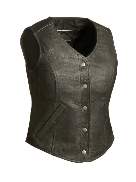 Classic Black Leather Motorcycle Biker Vest for Women