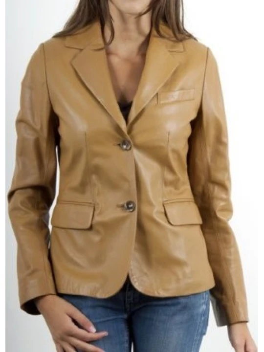 Beige Genuine Leather Sport Coat Blazer for Women