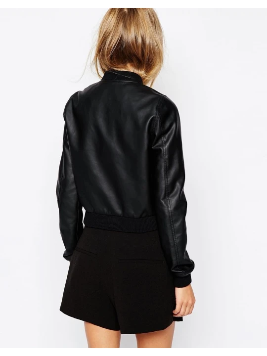 Ladies Black Leather Bomber Jacket