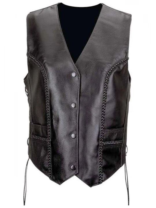 Ladies Sleeveless Black Leather Motorcycle Vest